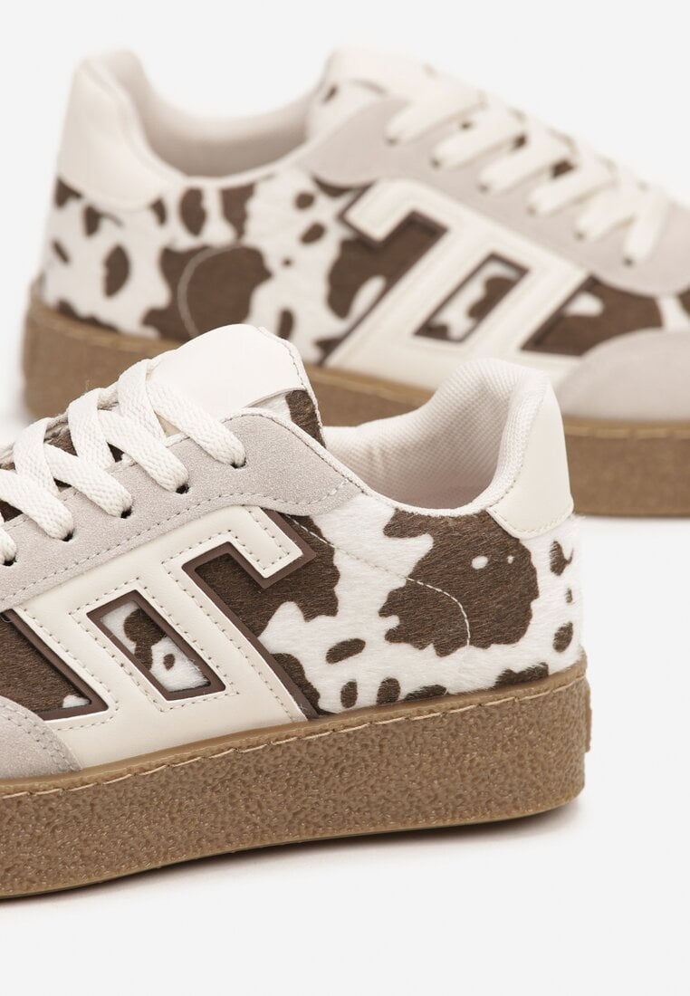 Beżowo-Brązowe Sneakersy Ozdobione Geometrycznym Motywem Lanelise
