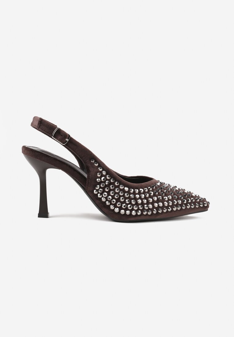 Brązowe Szpilki Slingback Ozdobione Cyrkoniami Benikke