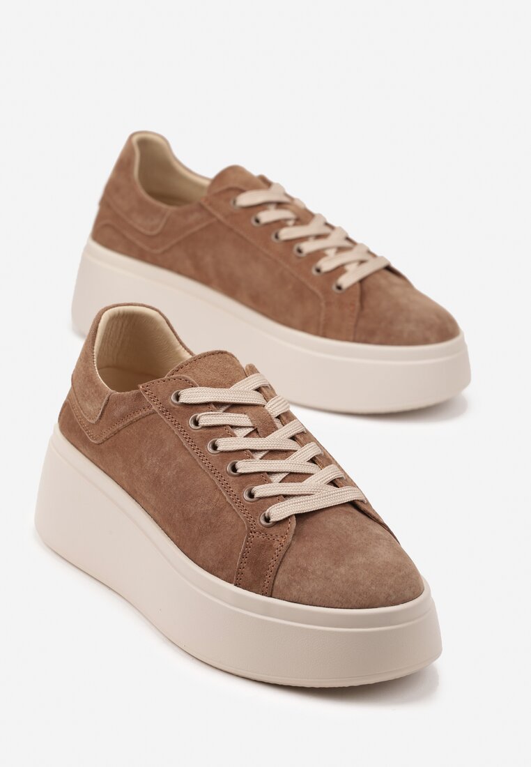 Brązowe Sneakersy z Naturalnego Zamszu na Platformie Nalirette