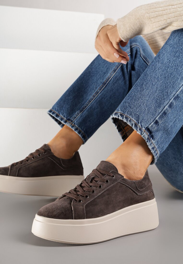 Ciemnobrązowe Sneakersy z Naturalnego Zamszu na Platformie Nalirette