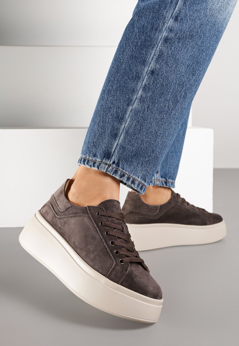 Ciemnobrązowe Sneakersy z Naturalnego Zamszu na Platformie Nalirette