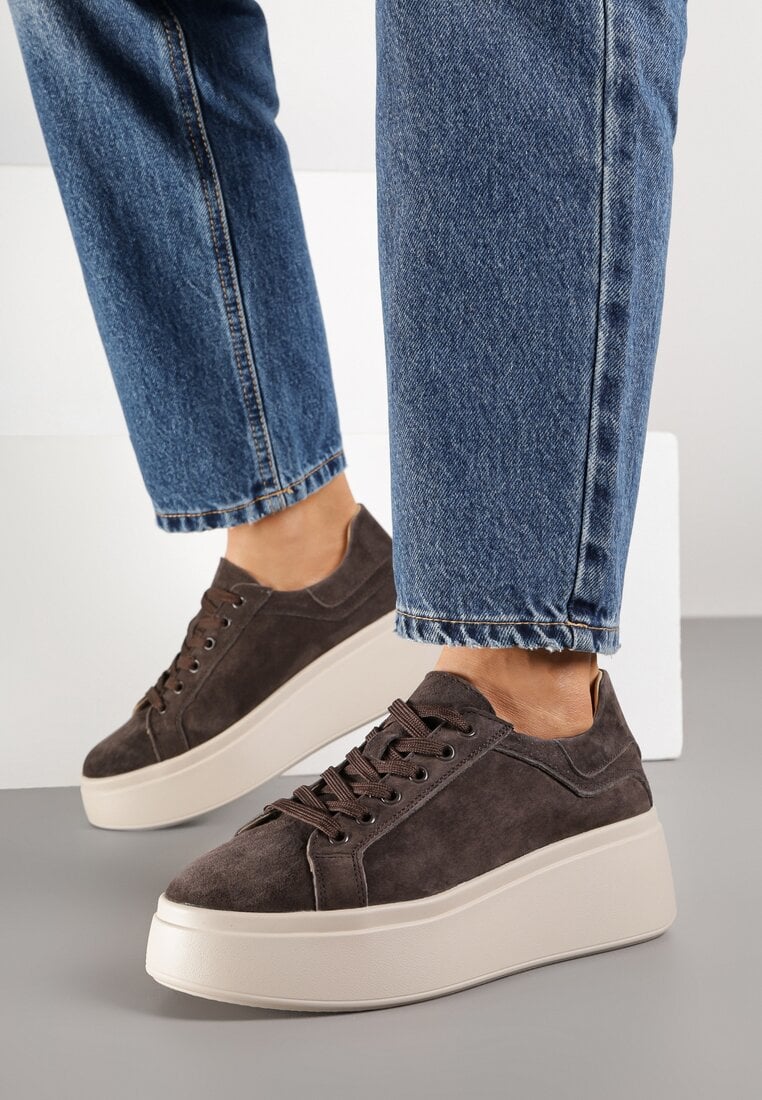Ciemnobrązowe Sneakersy z Naturalnego Zamszu na Platformie Nalirette