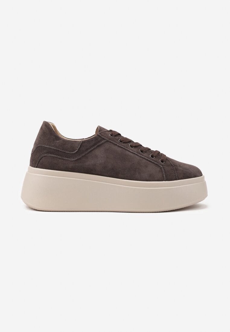 Ciemnobrązowe Sneakersy z Naturalnego Zamszu na Platformie Nalirette