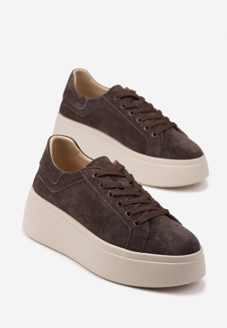 Ciemnobrązowe Sneakersy z Naturalnego Zamszu na Platformie Nalirette
