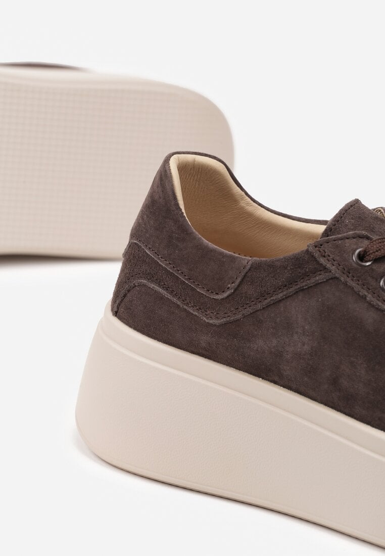 Ciemnobrązowe Sneakersy z Naturalnego Zamszu na Platformie Nalirette