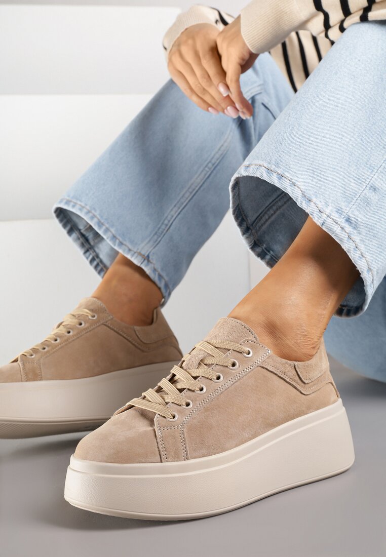 Beżowe Sneakersy z Naturalnego Zamszu na Platformie Nalirette