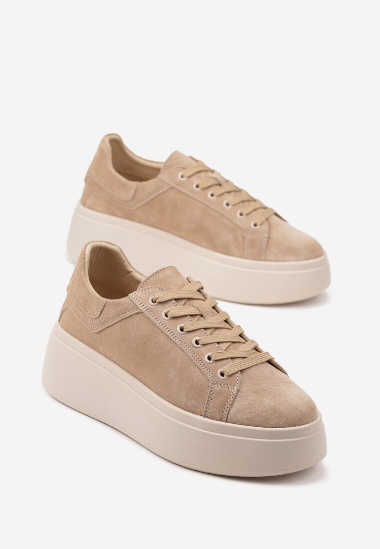 Beżowe Sneakersy z Naturalnego Zamszu na Platformie Nalirette