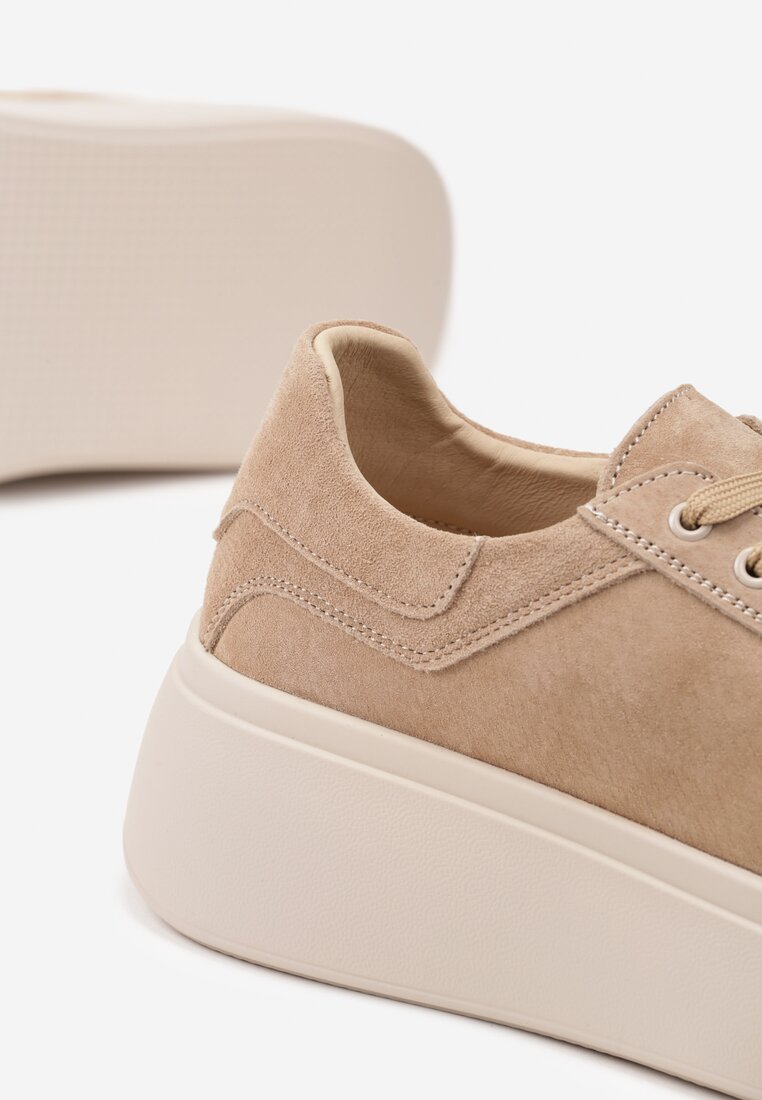 Beżowe Sneakersy z Naturalnego Zamszu na Platformie Nalirette