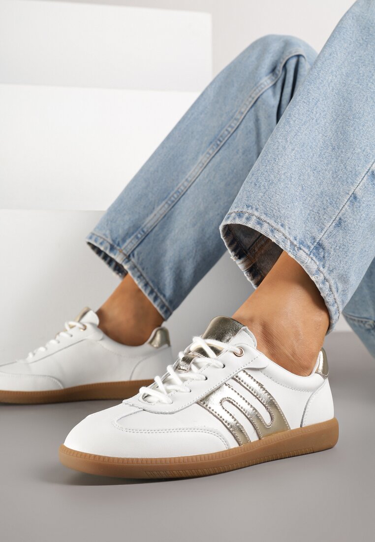 Białe Sneakersy Tenisówki ze Skóry Naturalnej z Geometrycznym Wzorem Carolie