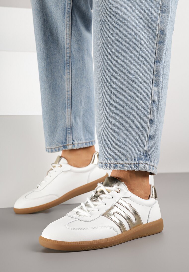 Białe Sneakersy Tenisówki ze Skóry Naturalnej z Geometrycznym Wzorem Carolie