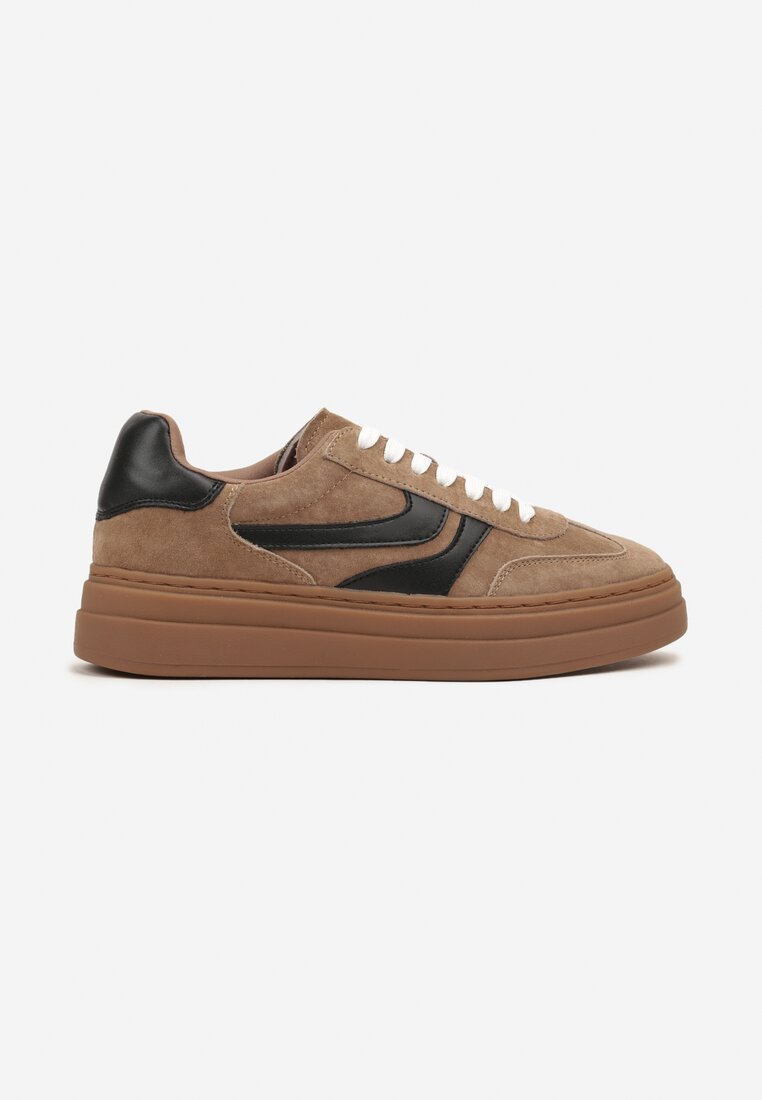 Brązowe Zamszowe Sneakersy Tenisówki Ozdobione Geometrycznym Motywem Nalivette