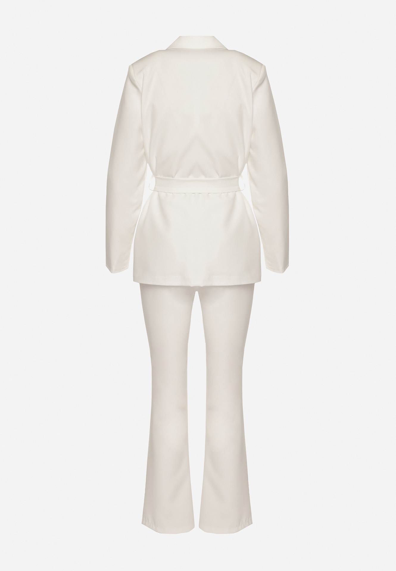 Biały Komplet o Garniturowym Kroju z Marynarką z Wiązaniem i Spodniami Falestra