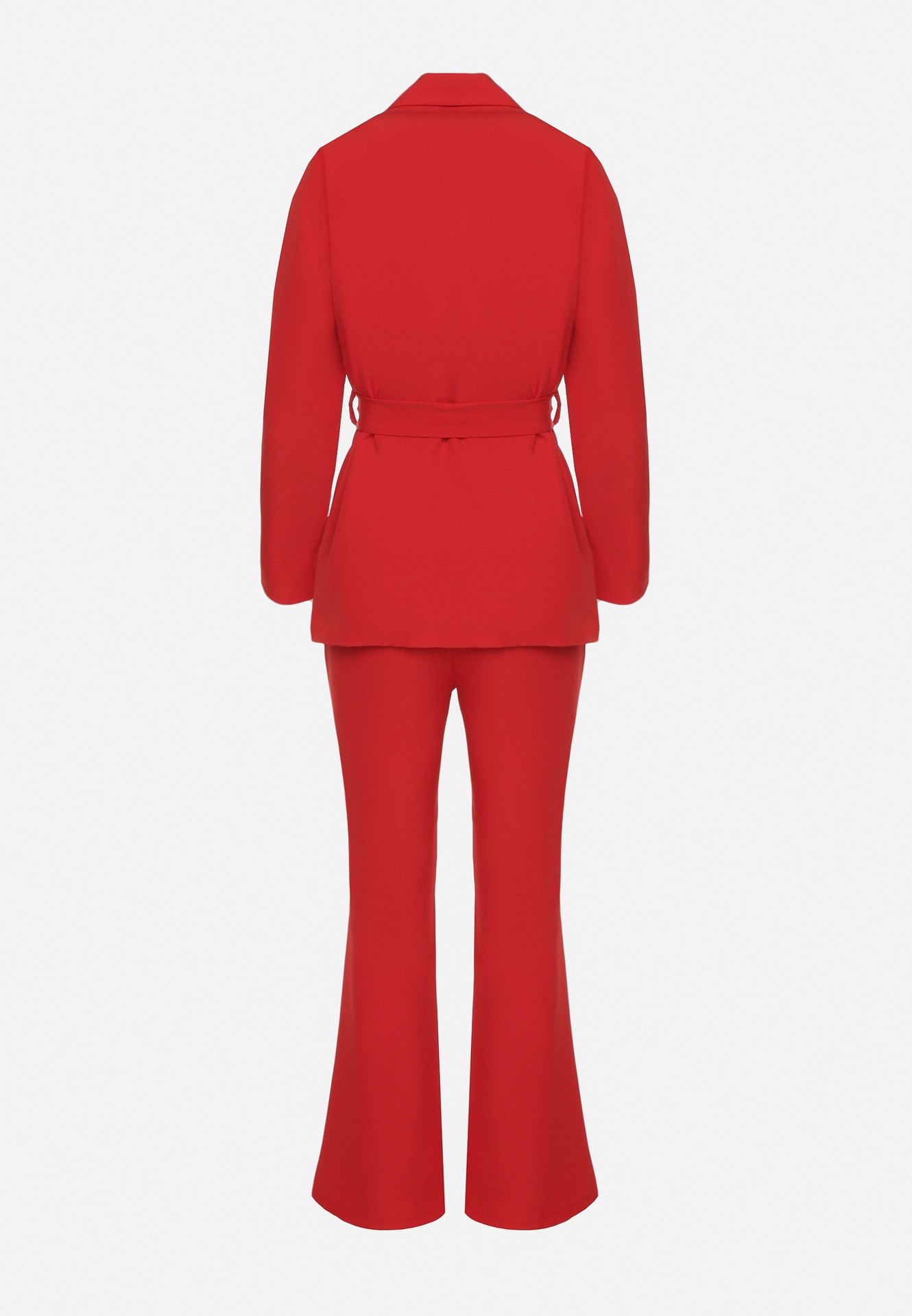 Czerwony Komplet o Garniturowym Kroju z Marynarką z Wiązaniem i Spodniami Falestra