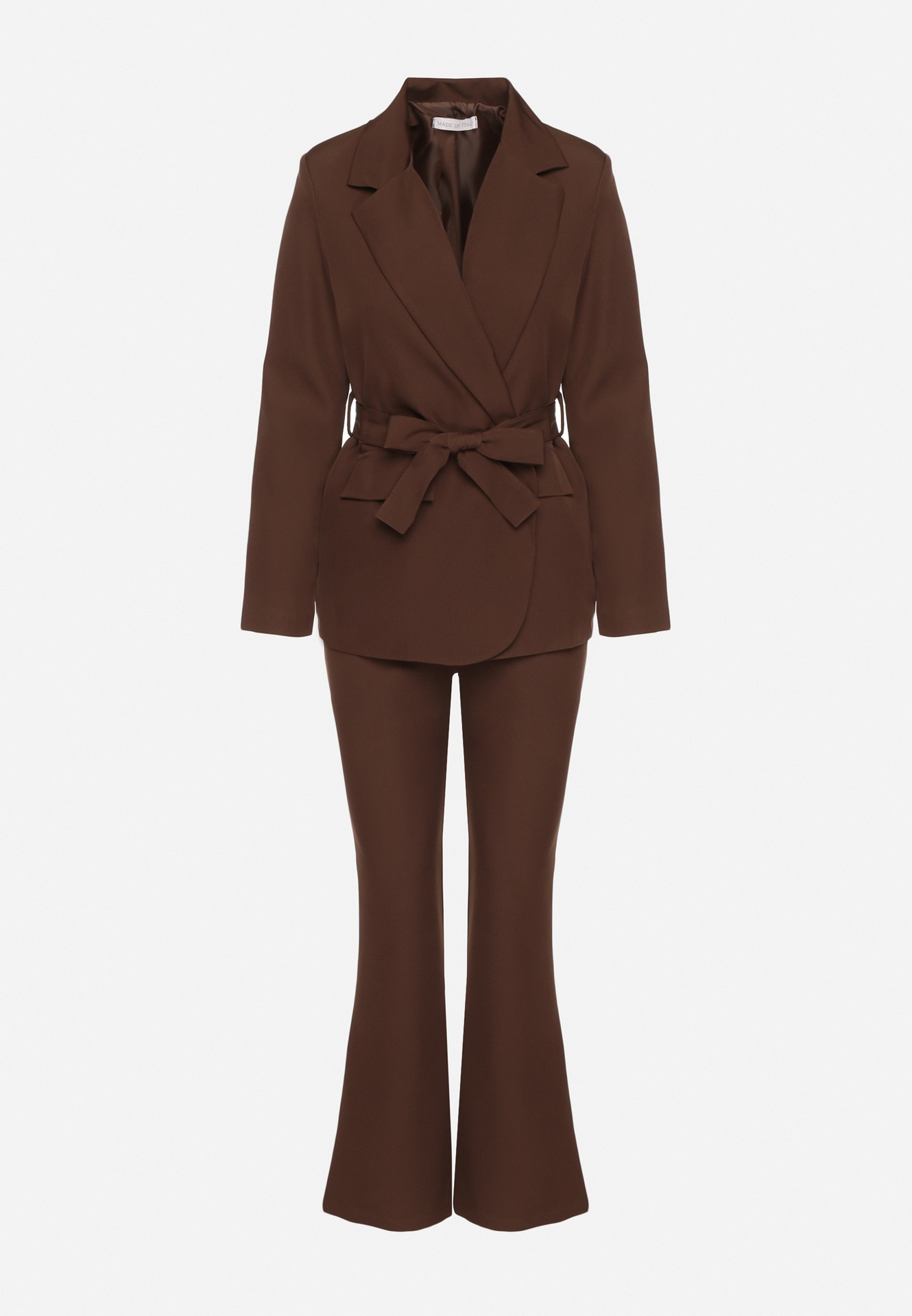 Brązowy Komplet o Garniturowym Kroju z Marynarką z Wiązaniem i Spodniami Falestra