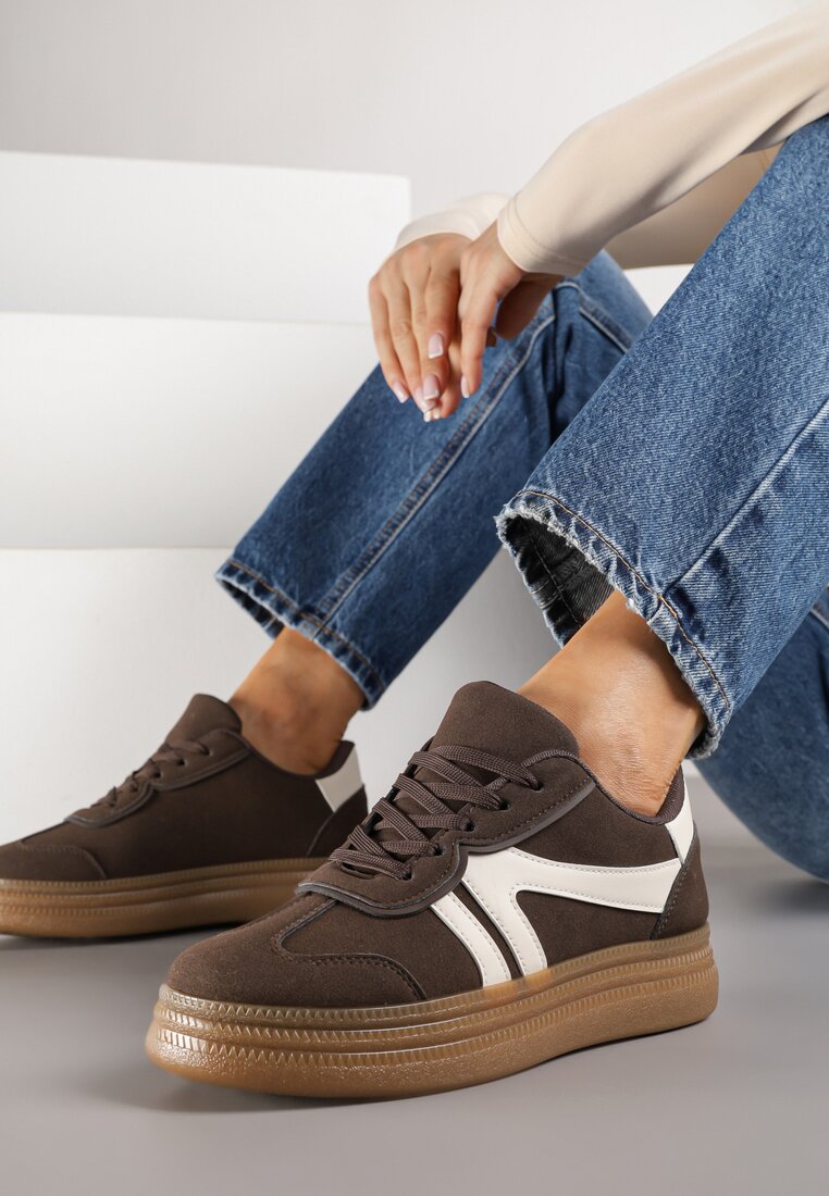 Brązowe Sneakersy Tenisówki Ozdobione Geometrycznym Wzorem Shie