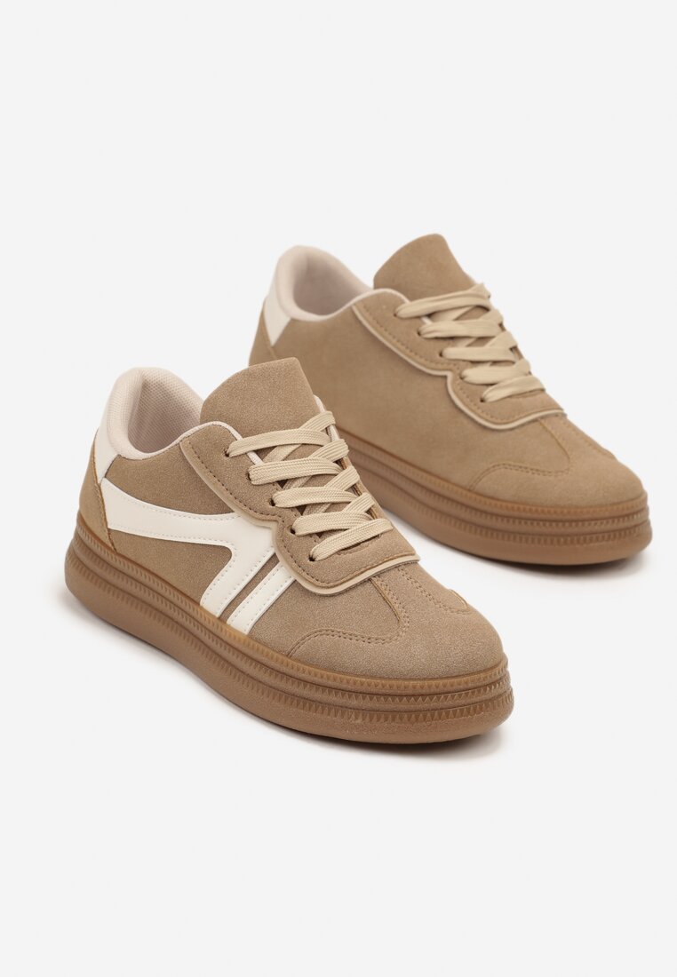 Beżowe Sneakersy Tenisówki Ozdobione Geometrycznym Wzorem Shie