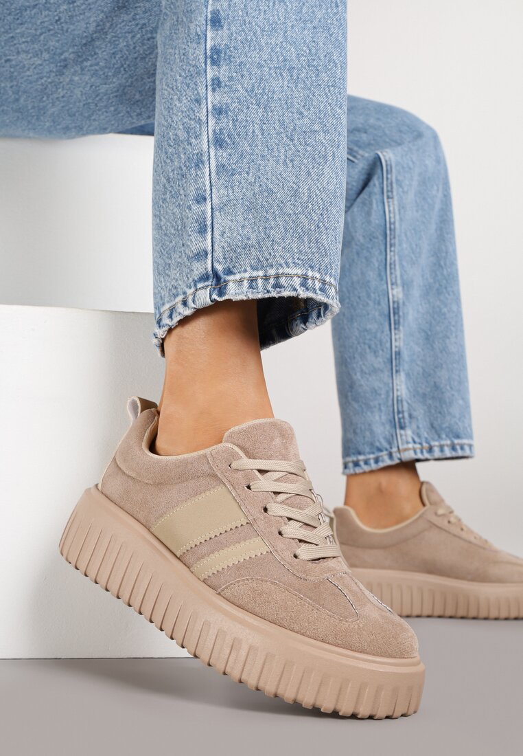 Beżowe Sneakersy na Tłoczonej Platformie z Paskami Rilasena