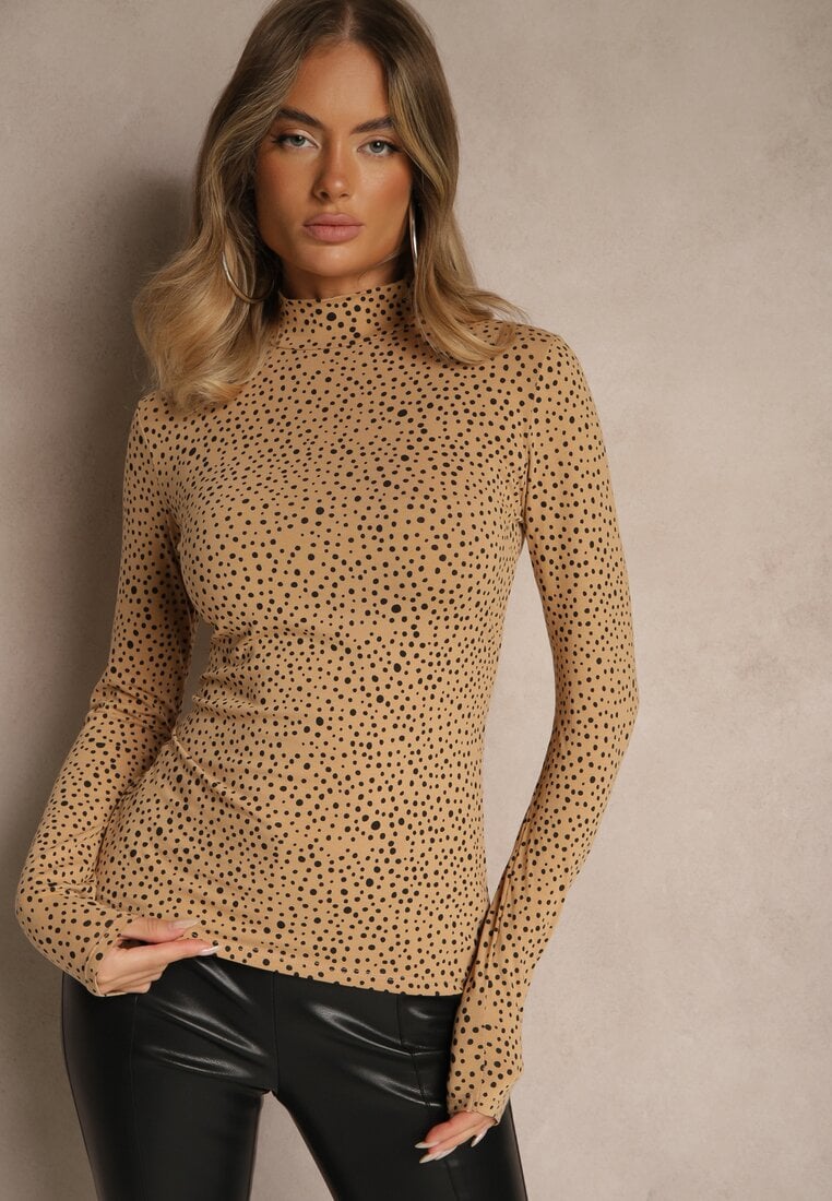 Brązowa Bawełniana Bluzka z Golfem Typu Longsleeve w Groszki Neatte