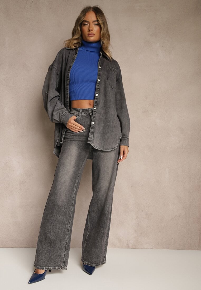 Szare Jeansy High Waist o Szerokim Kroju Tessine