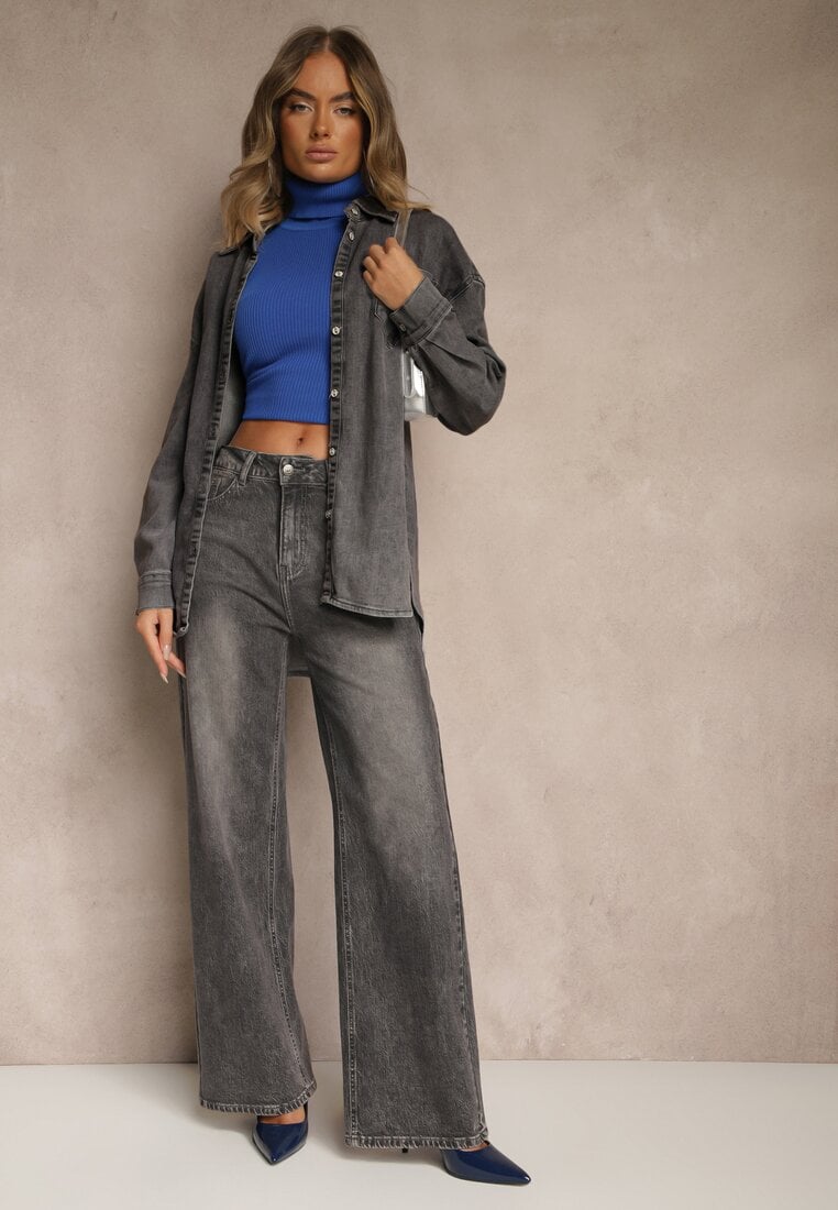 Szare Jeansy High Waist o Szerokim Kroju Tessine