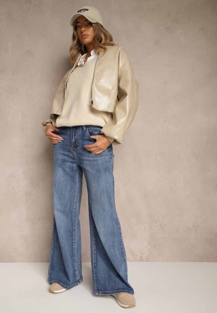 Niebieskie Jeansy High Waist z Szeroką Nogawką Elzaria