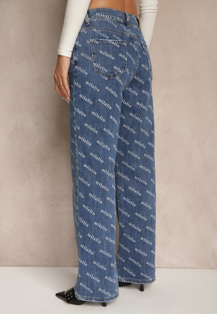 Niebieskie Jeansy Straight Leg High Waist Zdobione Printem Vilesse