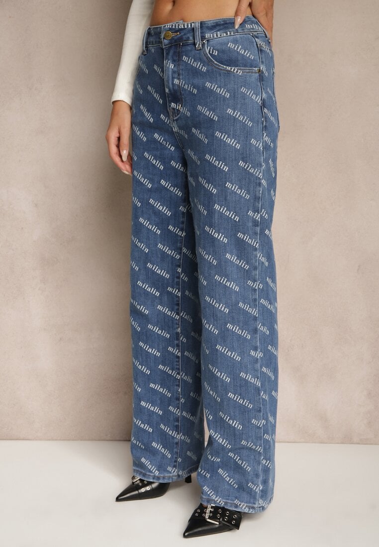 Niebieskie Jeansy Straight Leg High Waist Zdobione Printem Vilesse