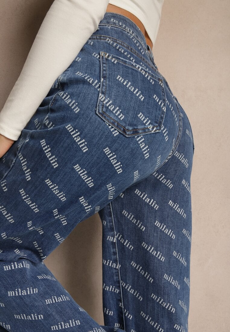 Niebieskie Jeansy Straight Leg High Waist Zdobione Printem Vilesse