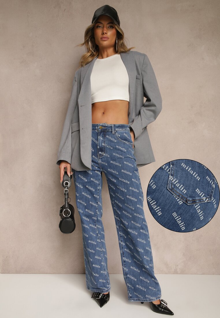 Niebieskie Jeansy Straight Leg High Waist Zdobione Printem Vilesse