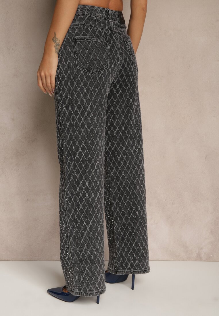 Szare Szerokie Jeansy High Waist z Cyrkoniowymi Zdobieniami Zarilene
