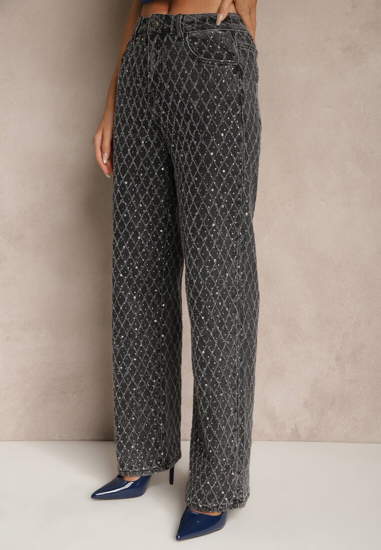 Szare Szerokie Jeansy High Waist z Cyrkoniowymi Zdobieniami Zarilene
