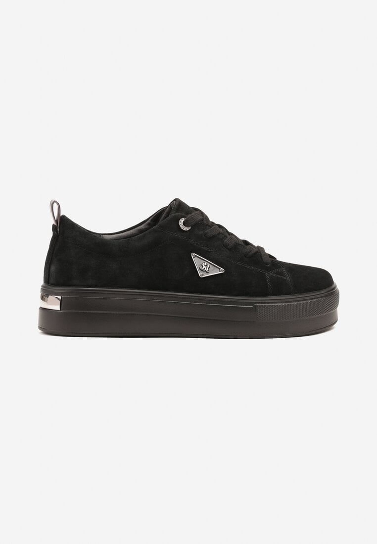 Czarne Sneakersy na Platformie z Zamszu Naturalnego Ozdobione Aplikacją Beliale