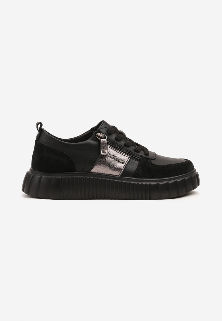 Czarne Sneakersy ze Skóry Naturalnej z Metalicznym Zdobieniem Zorentee