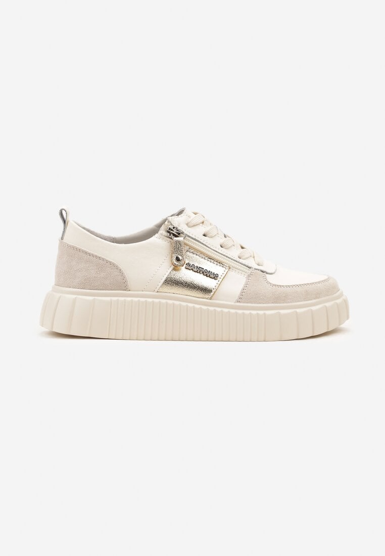 Beżowe Sneakersy ze Skóry Naturalnej z Metalicznym Zdobieniem Zorentee