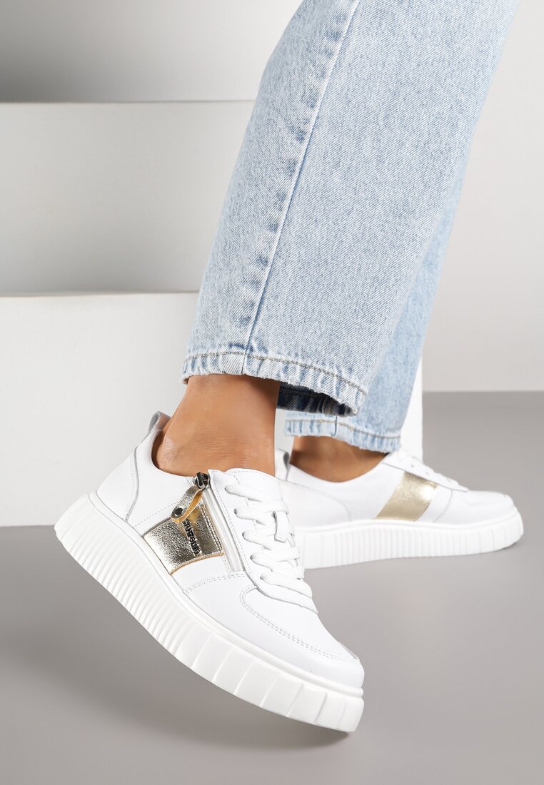 Białe Sneakersy ze Skóry Naturalnej z Metalicznym Zdobieniem Zorentee