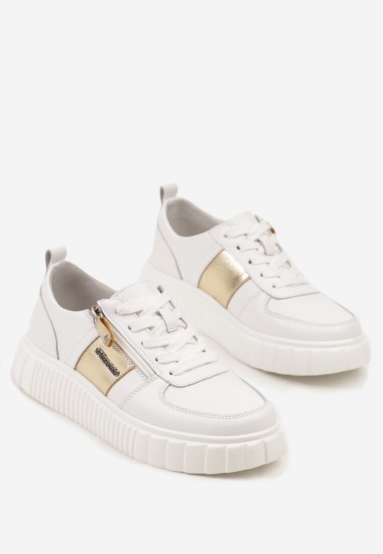 Białe Sneakersy ze Skóry Naturalnej z Metalicznym Zdobieniem Zorentee