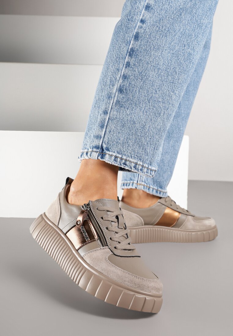 Szare Sneakersy ze Skóry Naturalnej z Metalicznym Zdobieniem Zorentee