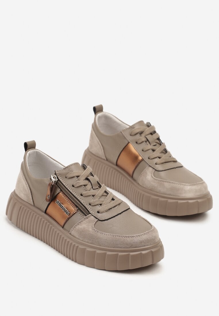 Szare Sneakersy ze Skóry Naturalnej z Metalicznym Zdobieniem Zorentee