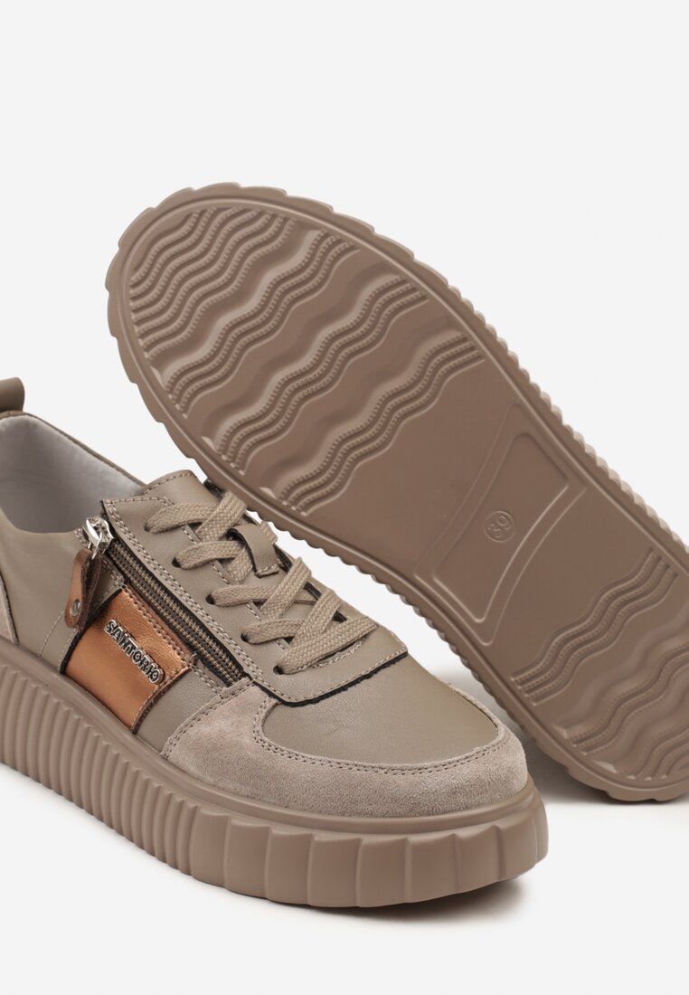 Szare Sneakersy ze Skóry Naturalnej z Metalicznym Zdobieniem Zorentee