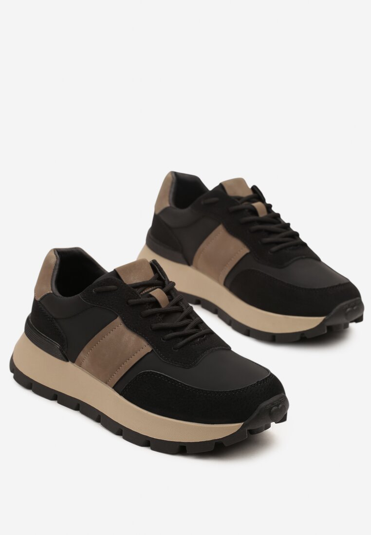 Czarno-Brązowe Sneakersy na Platformie z Tłoczeniem Tillivalle