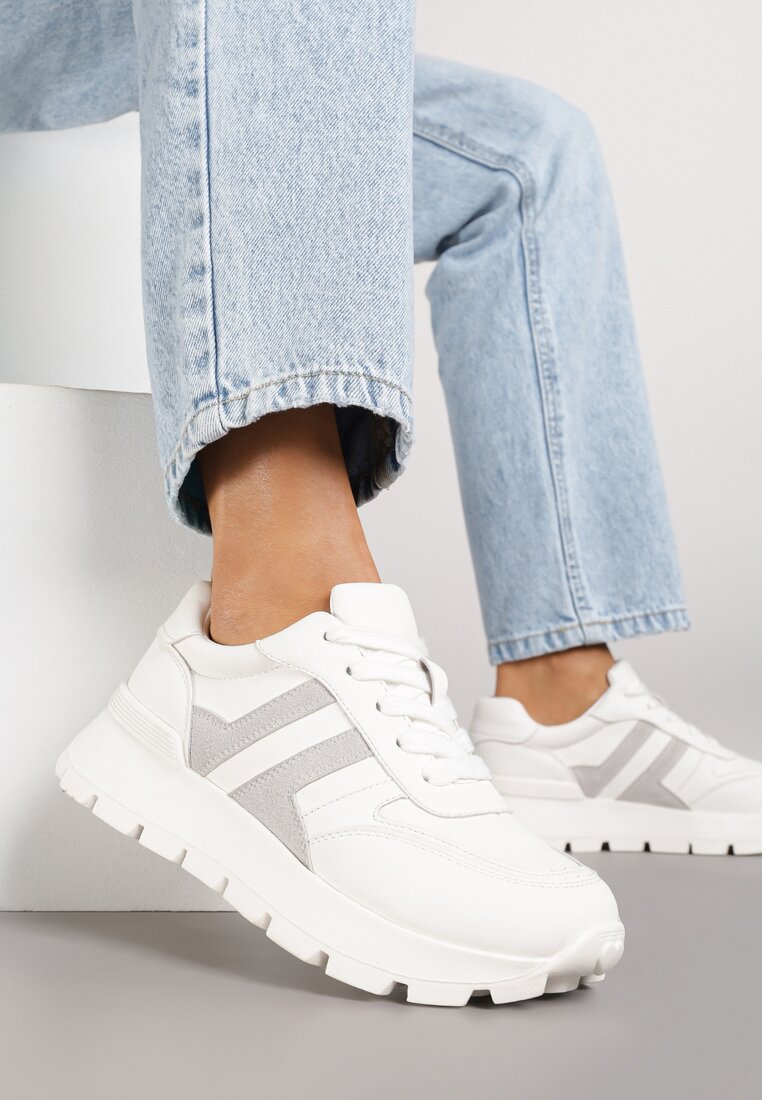 Biało-Szare Sneakersy na Grubej Podeszwie Zdobione Przeszyciami Lulline