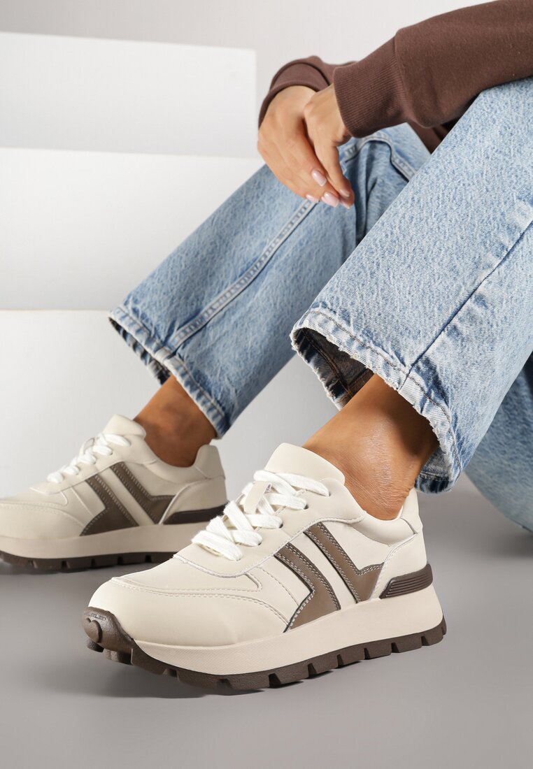 Beżowe Sneakersy na Grubej Podeszwie Zdobione Przeszyciami Lulline