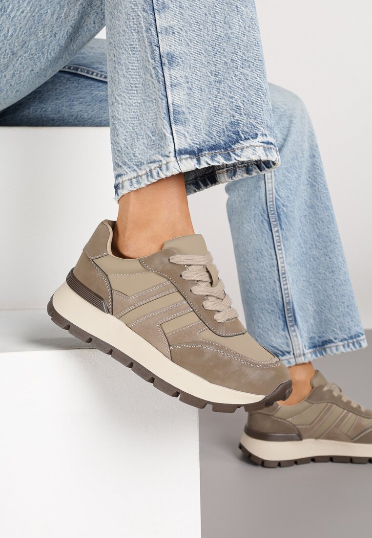 Ciemnobeżowe Sneakersy na Grubej Podeszwie Zdobione Przeszyciami Lulline