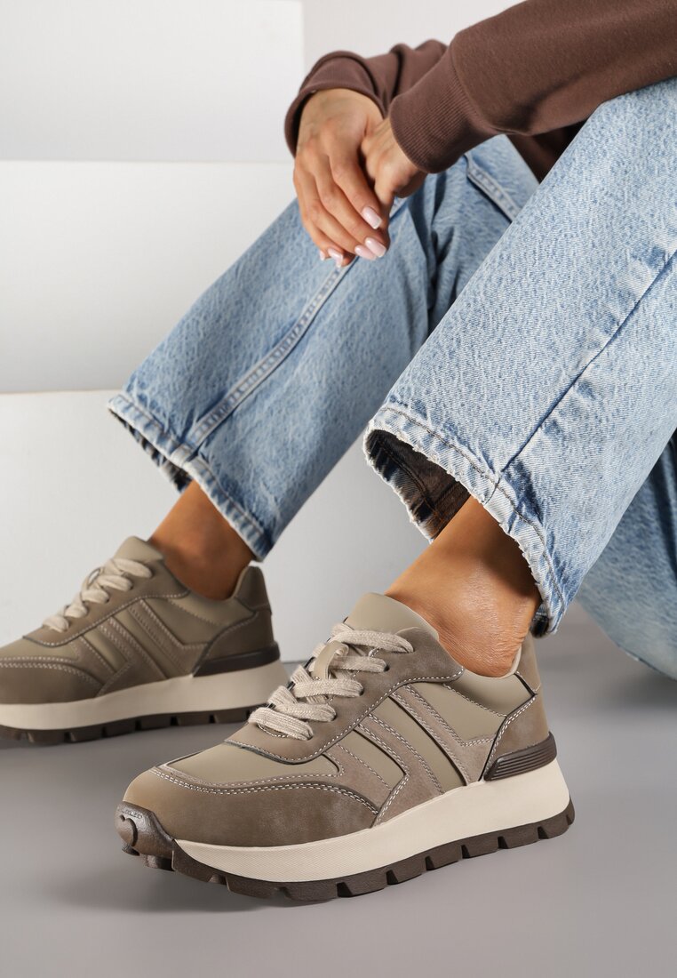 Ciemnobeżowe Sneakersy na Grubej Podeszwie Zdobione Przeszyciami Lulline
