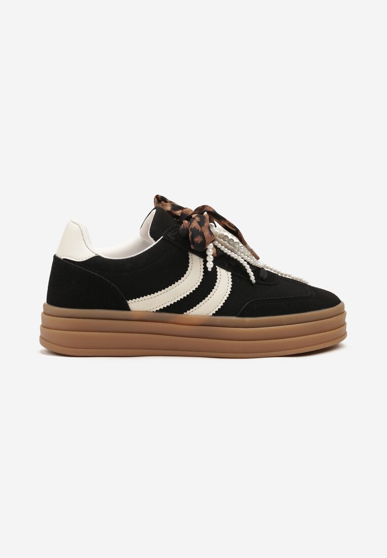 Czarne Sneakersy Tenisówki na Tłoczonej Platformie Ozdobione Perłami Ashinne