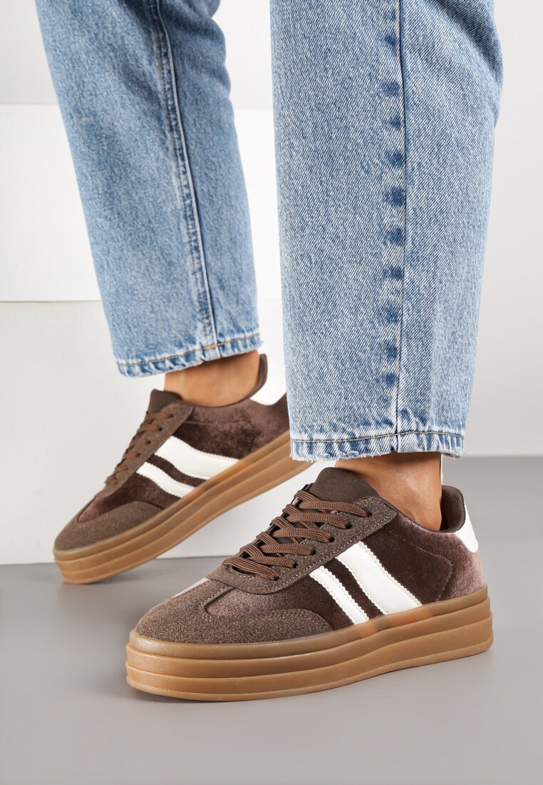 Brązowe Sneakersy Typu Kultowe Tenisówki na Niskiej Platformie Tulafia