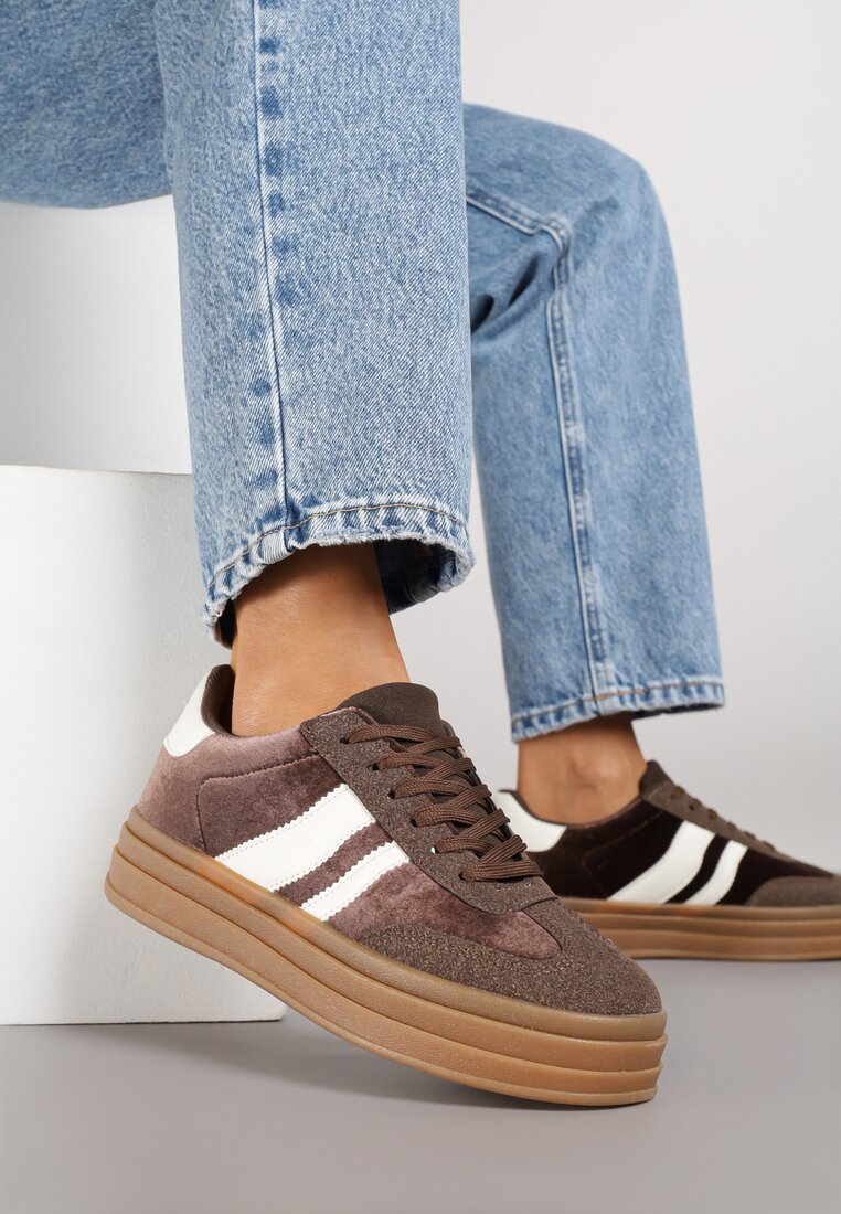 Brązowe Sneakersy Typu Kultowe Tenisówki na Niskiej Platformie Tulafia