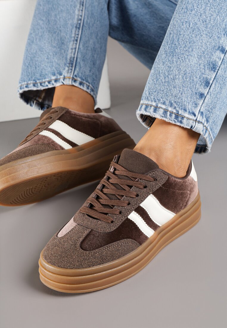 Brązowe Sneakersy Typu Kultowe Tenisówki na Niskiej Platformie Tulafia