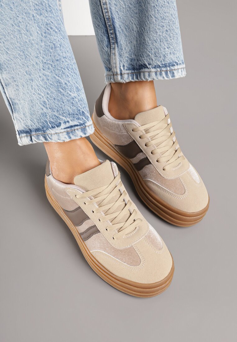 Ciemnobeżowe Sneakersy Typu Kultowe Tenisówki na Niskiej Platformie Tulafia