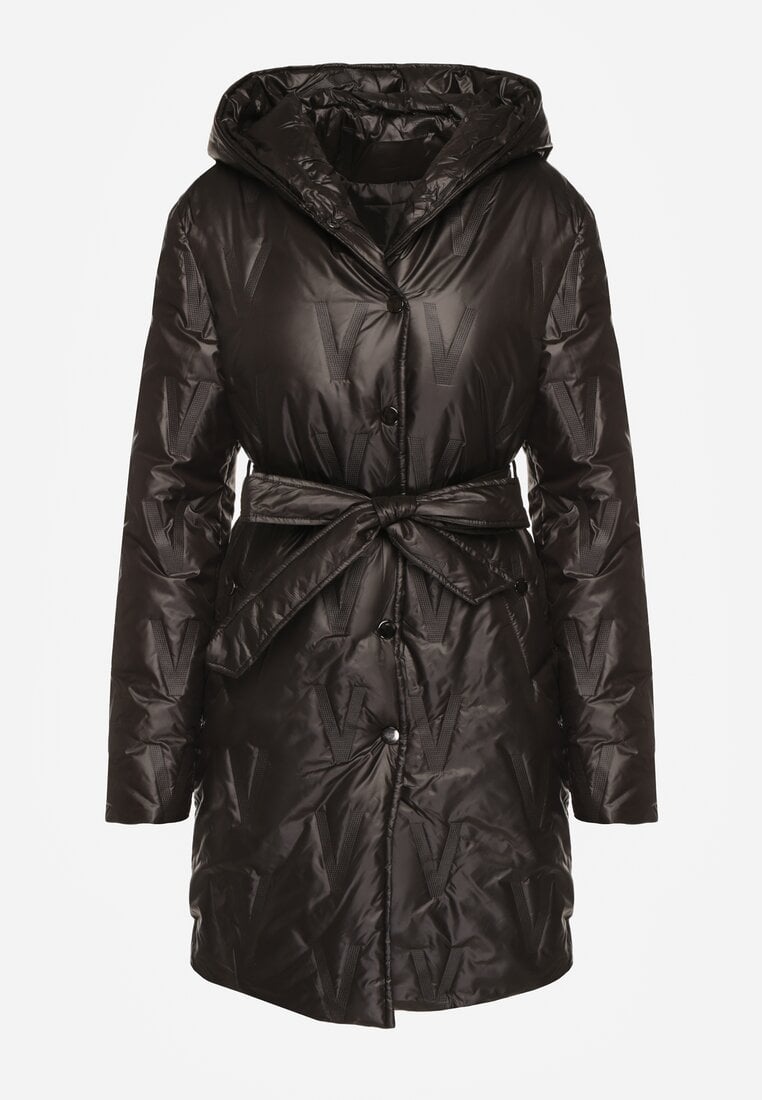 Czarna Pikowana Kurtka z Kapturem i Wiązanym Paskiem Elladie